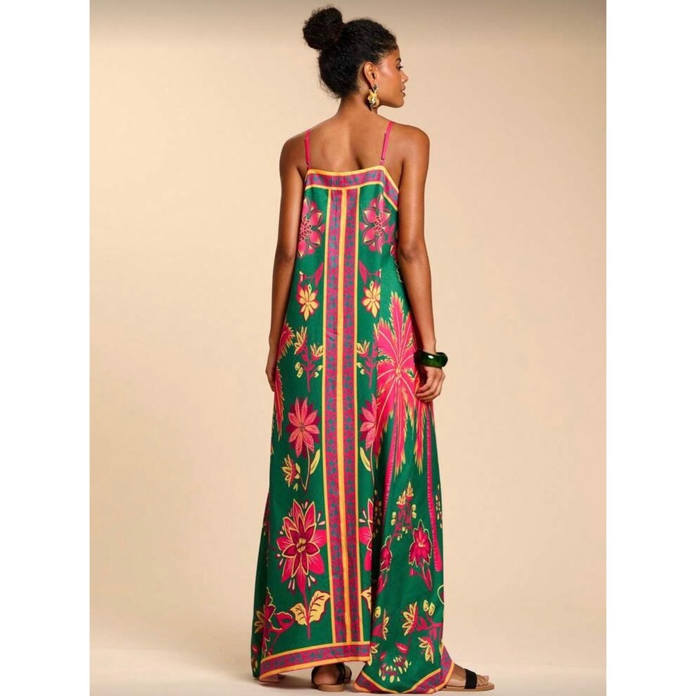 Tropical Green Pink Floral Palm Print Maxi Dress Handkerchief Hem Large - Picture 4 of 10
